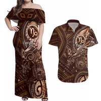 Personalised Polynesia Zodiac Capricorn Couples Matching Off Shoulder Maxi Dress and Hawaiian Shirt Galaxy Polynesian Pattern Chest Tattoo Style