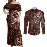 Personalised Polynesia Zodiac Capricorn Couples Matching Off Shoulder Maxi Dress and Long Sleeve Button Shirt Galaxy Polynesian Pattern Chest Tattoo Style LT14 Brown - Polynesian Pride