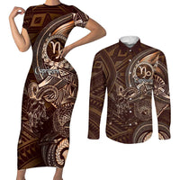 Personalised Polynesia Zodiac Capricorn Couples Matching Short Sleeve Bodycon Dress and Long Sleeve Button Shirt Galaxy Polynesian Pattern Chest Tattoo Style LT14 Brown - Polynesian Pride