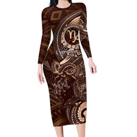 Personalised Polynesia Zodiac Capricorn Long Sleeve Bodycon Dress Galaxy Polynesian Pattern Chest Tattoo Style LT14 Long Dress Brown - Polynesian Pride