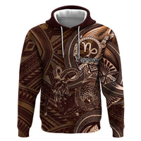 Personalised Polynesia Zodiac Capricorn Zip Hoodie Galaxy Polynesian Pattern Chest Tattoo Style LT14 Pullover Hoodie Brown - Polynesian Pride