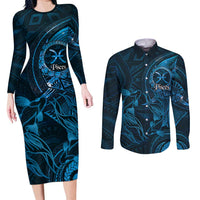 Personalised Polynesia Zodiac Pisces Couples Matching Long Sleeve Bodycon Dress and Long Sleeve Button Shirt Galaxy Polynesian Pattern Chest Tattoo Style LT14 Blue - Polynesian Pride