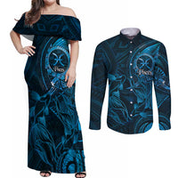 Personalised Polynesia Zodiac Pisces Couples Matching Off Shoulder Maxi Dress and Long Sleeve Button Shirt Galaxy Polynesian Pattern Chest Tattoo Style LT14 Blue - Polynesian Pride