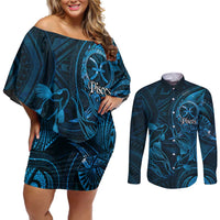 Personalised Polynesia Zodiac Pisces Couples Matching Off Shoulder Short Dress and Long Sleeve Button Shirt Galaxy Polynesian Pattern Chest Tattoo Style