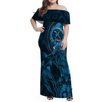 Personalised Polynesia Zodiac Pisces Family Matching Off Shoulder Maxi Dress and Hawaiian Shirt Galaxy Polynesian Pattern Chest Tattoo Style LT14 Mom's Dress Blue - Polynesian Pride