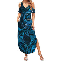 Personalised Polynesia Zodiac Pisces Family Matching Summer Maxi Dress and Hawaiian Shirt Galaxy Polynesian Pattern Chest Tattoo Style LT14 Mom's Dress Blue - Polynesian Pride