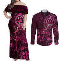 Personalised Polynesia Zodiac Libra Couples Matching Off Shoulder Maxi Dress and Long Sleeve Button Shirt Galaxy Polynesian Pattern Chest Tattoo Style LT14 Pink - Polynesian Pride