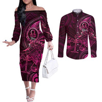 Personalised Polynesia Zodiac Libra Couples Matching Off The Shoulder Long Sleeve Dress and Long Sleeve Button Shirt Galaxy Polynesian Pattern Chest Tattoo Style LT14 Pink - Polynesian Pride