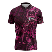 Personalised Polynesia Zodiac Libra Zipper Polo Shirt Galaxy Polynesian Pattern Chest Tattoo Style LT14 Pink - Polynesian Pride
