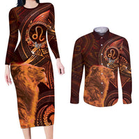 Personalised Polynesia Zodiac Leo Couples Matching Long Sleeve Bodycon Dress and Long Sleeve Button Shirt Galaxy Polynesian Pattern Chest Tattoo Style LT14 Orange - Polynesian Pride