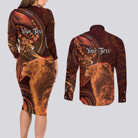 Personalised Polynesia Zodiac Leo Couples Matching Long Sleeve Bodycon Dress and Long Sleeve Button Shirt Galaxy Polynesian Pattern Chest Tattoo Style LT14 - Polynesian Pride
