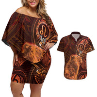 Personalised Polynesia Zodiac Leo Couples Matching Off Shoulder Short Dress and Hawaiian Shirt Galaxy Polynesian Pattern Chest Tattoo Style LT14 Orange - Polynesian Pride