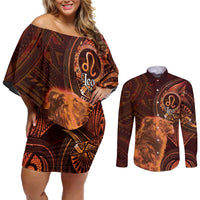 Personalised Polynesia Zodiac Leo Couples Matching Off Shoulder Short Dress and Long Sleeve Button Shirt Galaxy Polynesian Pattern Chest Tattoo Style LT14 Orange - Polynesian Pride