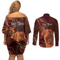 Personalised Polynesia Zodiac Leo Couples Matching Off Shoulder Short Dress and Long Sleeve Button Shirt Galaxy Polynesian Pattern Chest Tattoo Style LT14 - Polynesian Pride