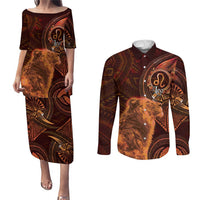 Personalised Polynesia Zodiac Leo Couples Matching Puletasi and Long Sleeve Button Shirt Galaxy Polynesian Pattern Chest Tattoo Style LT14 Orange - Polynesian Pride