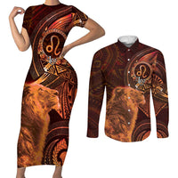 Personalised Polynesia Zodiac Leo Couples Matching Short Sleeve Bodycon Dress and Long Sleeve Button Shirt Galaxy Polynesian Pattern Chest Tattoo Style LT14 Orange - Polynesian Pride
