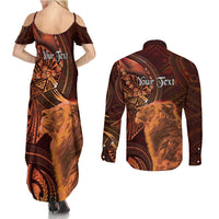 Personalised Polynesia Zodiac Leo Couples Matching Summer Maxi Dress and Long Sleeve Button Shirt Galaxy Polynesian Pattern Chest Tattoo Style LT14 - Polynesian Pride
