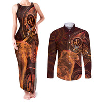 Personalised Polynesia Zodiac Leo Couples Matching Tank Maxi Dress and Long Sleeve Button Shirt Galaxy Polynesian Pattern Chest Tattoo Style LT14 Orange - Polynesian Pride