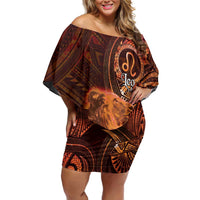 Personalised Polynesia Zodiac Leo Off Shoulder Short Dress Galaxy Polynesian Pattern Chest Tattoo Style LT14 Women Orange - Polynesian Pride