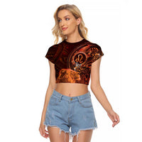 Personalised Polynesia Zodiac Leo Raglan Cropped T Shirt Galaxy Polynesian Pattern Chest Tattoo Style LT14 Female Orange - Polynesian Pride