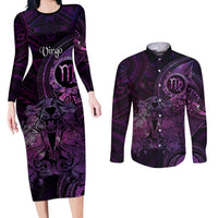 Personalised Polynesia Zodiac Virgo Couples Matching Long Sleeve Bodycon Dress and Long Sleeve Button Shirt Galaxy Polynesian Pattern Chest Tattoo Style LT14 Purple - Polynesian Pride