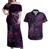Personalised Polynesia Zodiac Virgo Couples Matching Off Shoulder Maxi Dress and Hawaiian Shirt Galaxy Polynesian Pattern Chest Tattoo Style LT14 Purple - Polynesian Pride