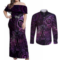 Personalised Polynesia Zodiac Virgo Couples Matching Off Shoulder Maxi Dress and Long Sleeve Button Shirt Galaxy Polynesian Pattern Chest Tattoo Style LT14 Purple - Polynesian Pride