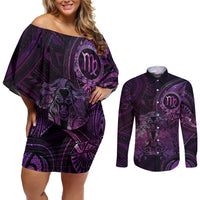 Personalised Polynesia Zodiac Virgo Couples Matching Off Shoulder Short Dress and Long Sleeve Button Shirt Galaxy Polynesian Pattern Chest Tattoo Style LT14 Purple - Polynesian Pride