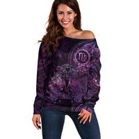 Personalised Polynesia Zodiac Virgo Off Shoulder Sweater Galaxy Polynesian Pattern Chest Tattoo Style LT14 Women Purple - Polynesian Pride