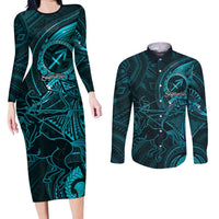 Personalised Polynesia Zodiac Sagittarius Couples Matching Long Sleeve Bodycon Dress and Long Sleeve Button Shirt Galaxy Polynesian Pattern Chest Tattoo Style LT14 Cyan - Polynesian Pride