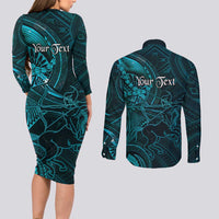 Personalised Polynesia Zodiac Sagittarius Couples Matching Long Sleeve Bodycon Dress and Long Sleeve Button Shirt Galaxy Polynesian Pattern Chest Tattoo Style LT14 - Polynesian Pride