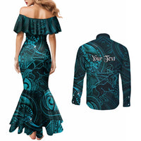 Personalised Polynesia Zodiac Sagittarius Couples Matching Mermaid Dress and Long Sleeve Button Shirt Galaxy Polynesian Pattern Chest Tattoo Style LT14 - Polynesian Pride