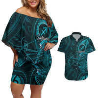 Personalised Polynesia Zodiac Sagittarius Couples Matching Off Shoulder Short Dress and Hawaiian Shirt Galaxy Polynesian Pattern Chest Tattoo Style LT14 Cyan - Polynesian Pride