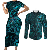 Personalised Polynesia Zodiac Sagittarius Couples Matching Short Sleeve Bodycon Dress and Long Sleeve Button Shirt Galaxy Polynesian Pattern Chest Tattoo Style LT14 Cyan - Polynesian Pride