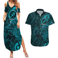Personalised Polynesia Zodiac Sagittarius Couples Matching Summer Maxi Dress and Hawaiian Shirt Galaxy Polynesian Pattern Chest Tattoo Style LT14 Cyan - Polynesian Pride