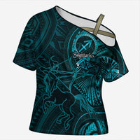 Personalised Polynesia Zodiac Sagittarius Cross Shoulder Shirt Galaxy Polynesian Pattern Chest Tattoo Style LT14 Female Cyan - Polynesian Pride