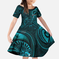 Personalised Polynesia Zodiac Sagittarius Family Matching Puletasi and Hawaiian Shirt Galaxy Polynesian Pattern Chest Tattoo Style LT14 Daughter's Dress Cyan - Polynesian Pride