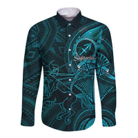 Personalised Polynesia Zodiac Sagittarius Long Sleeve Button Shirt Galaxy Polynesian Pattern Chest Tattoo Style LT14 Unisex Cyan - Polynesian Pride