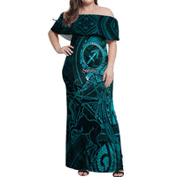 Personalised Polynesia Zodiac Sagittarius Off Shoulder Maxi Dress Galaxy Polynesian Pattern Chest Tattoo Style LT14 Women Cyan - Polynesian Pride