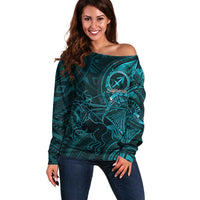 Personalised Polynesia Zodiac Sagittarius Off Shoulder Sweater Galaxy Polynesian Pattern Chest Tattoo Style LT14 Women Cyan - Polynesian Pride