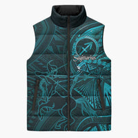 Personalised Polynesia Zodiac Sagittarius Sleeveless Puffer Jacket Galaxy Polynesian Pattern Chest Tattoo Style LT14 Unisex Cyan - Polynesian Pride