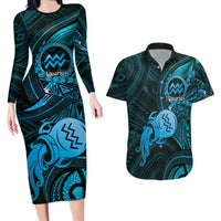 Personalised Polynesia Zodiac Aquarius Couples Matching Long Sleeve Bodycon Dress and Hawaiian Shirt Galaxy Polynesian Pattern Chest Tattoo Style