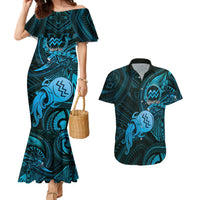 Personalised Polynesia Zodiac Aquarius Couples Matching Mermaid Dress and Hawaiian Shirt Galaxy Polynesian Pattern Chest Tattoo Style