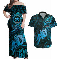 Personalised Polynesia Zodiac Aquarius Couples Matching Off Shoulder Maxi Dress and Hawaiian Shirt Galaxy Polynesian Pattern Chest Tattoo Style LT14 Blue - Polynesian Pride