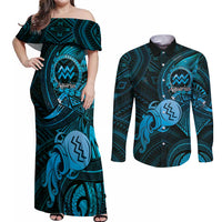 Personalised Polynesia Zodiac Aquarius Couples Matching Off Shoulder Maxi Dress and Long Sleeve Button Shirt Galaxy Polynesian Pattern Chest Tattoo Style LT14 Blue - Polynesian Pride