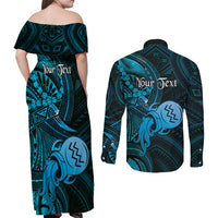 Personalised Polynesia Zodiac Aquarius Couples Matching Off Shoulder Maxi Dress and Long Sleeve Button Shirt Galaxy Polynesian Pattern Chest Tattoo Style LT14 - Polynesian Pride