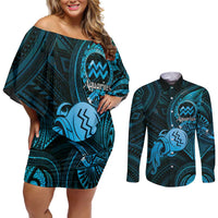 Personalised Polynesia Zodiac Aquarius Couples Matching Off Shoulder Short Dress and Long Sleeve Button Shirt Galaxy Polynesian Pattern Chest Tattoo Style LT14 Blue - Polynesian Pride