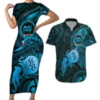 Personalised Polynesia Zodiac Aquarius Couples Matching Short Sleeve Bodycon Dress and Hawaiian Shirt Galaxy Polynesian Pattern Chest Tattoo Style LT14 Blue - Polynesian Pride