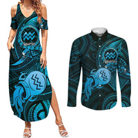 Personalised Polynesia Zodiac Aquarius Couples Matching Summer Maxi Dress and Long Sleeve Button Shirt Galaxy Polynesian Pattern Chest Tattoo Style LT14 Blue - Polynesian Pride