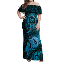 Personalised Polynesia Zodiac Aquarius Off Shoulder Maxi Dress Galaxy Polynesian Pattern Chest Tattoo Style LT14 Women Blue - Polynesian Pride